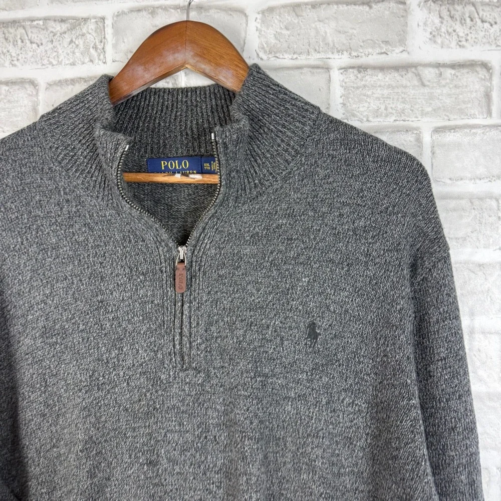 Polo Ralph Lauren Mens XXL Gray Cotton Quarter Zip Pullover Sweater Heathered